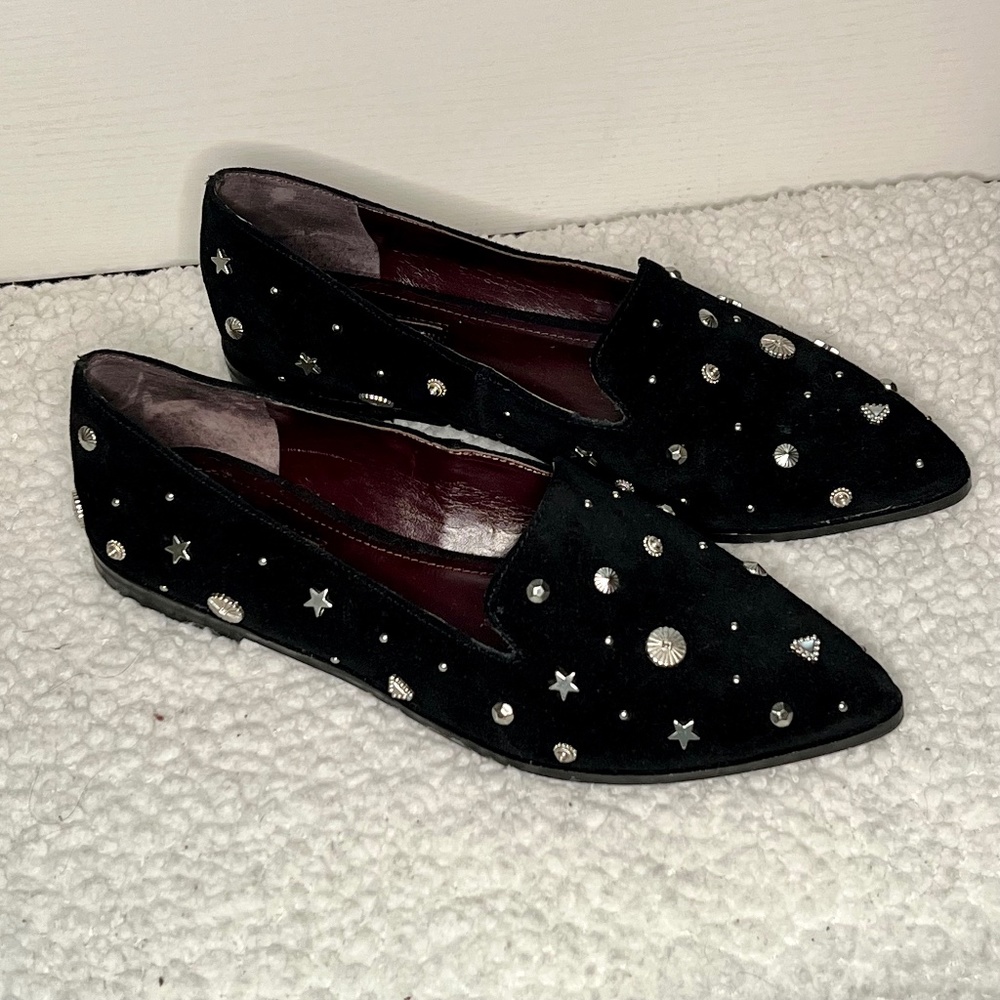 BCBGeneration black suede point toe flats shoes studs star astral detail size 8
